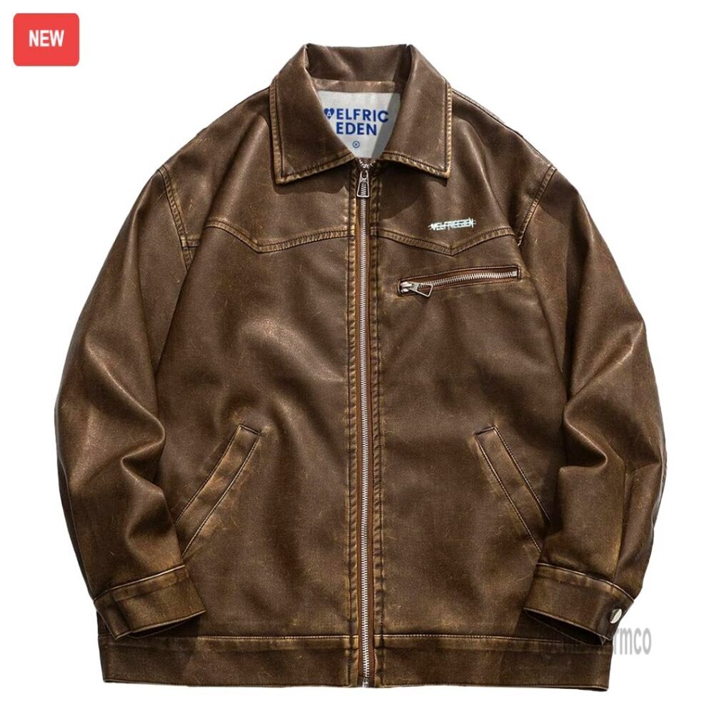 Oversized Faux Leather Motorcycle Jacket, Unisex Vintage Moto Style, Zip Up